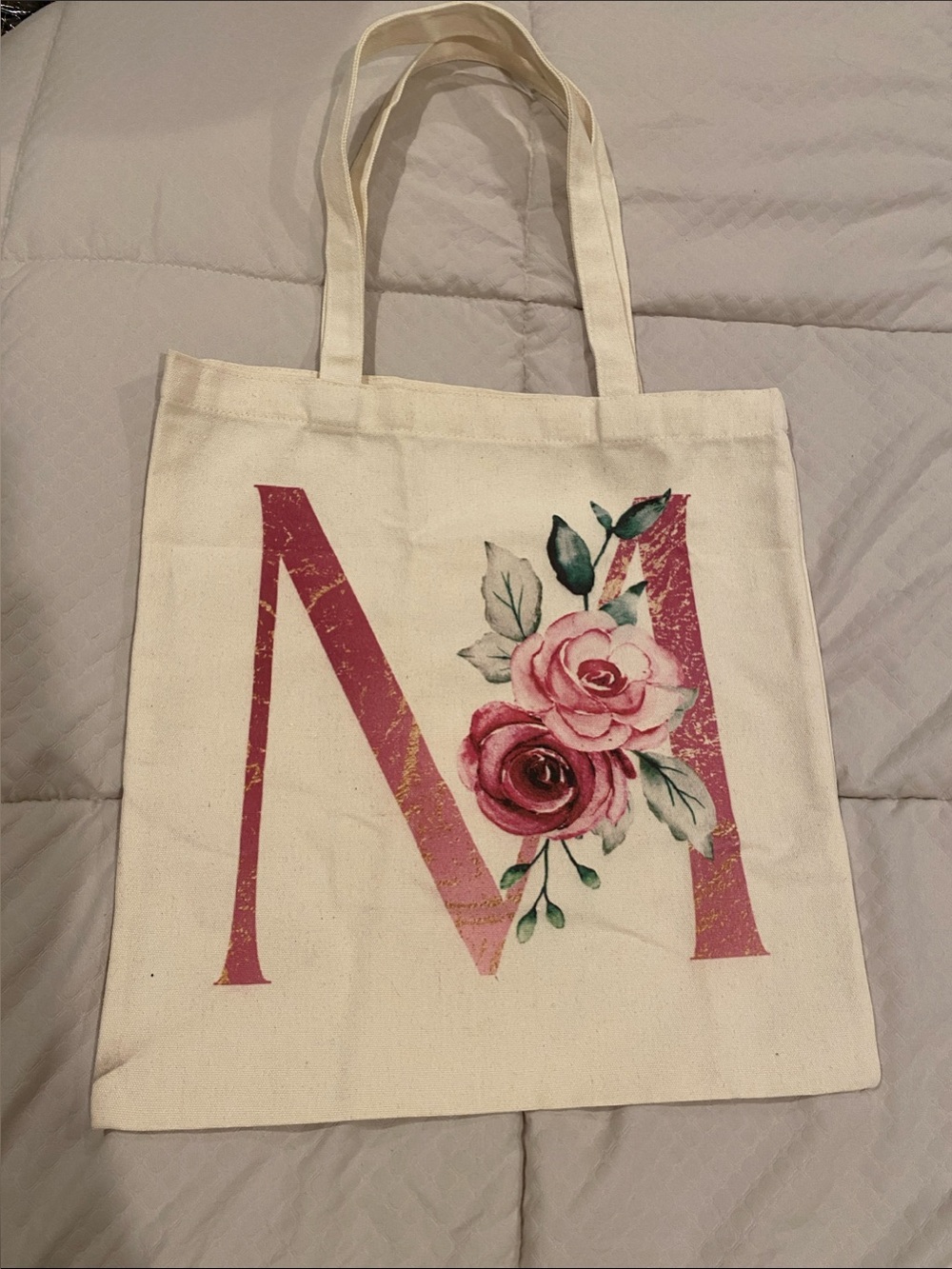 Cream Canvas Tote with Pink Floral 'M' Monogram